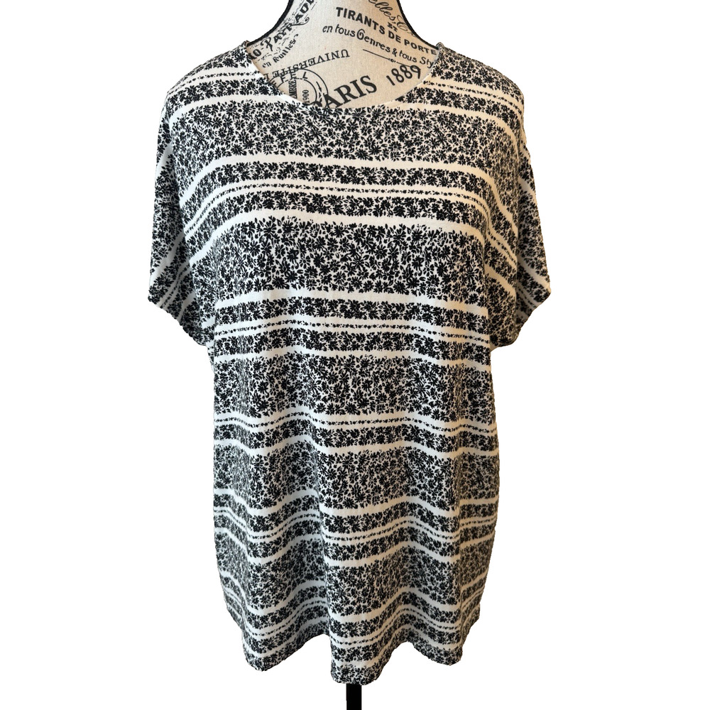 J.Jill T-Shirt Wearever Collection Women’s Lg Black & Cream Drop Shoulder Sleeve